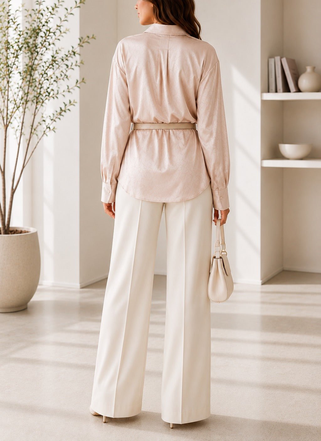 Ladies New Feeling Satin Belt Blouse -Beige - StylePhase SA