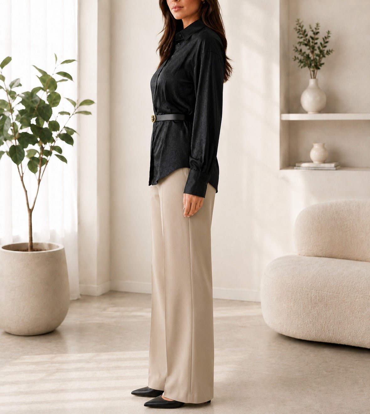 Ladies New Feeling Satin Belt Blouse -Black - StylePhase SA