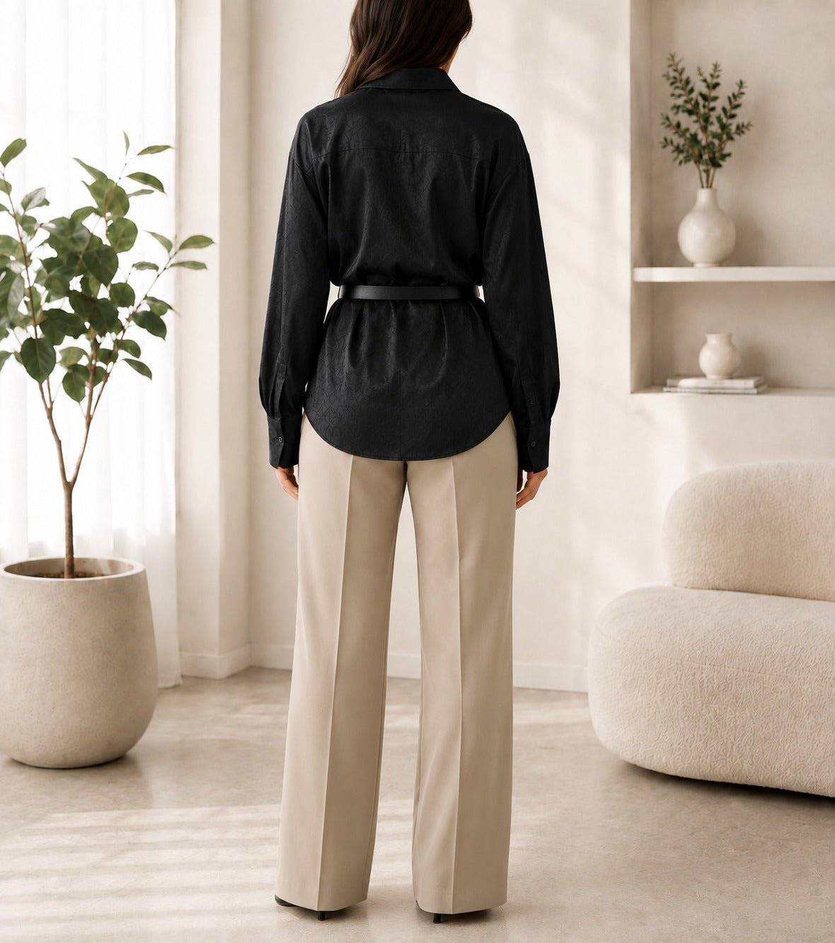 Ladies New Feeling Satin Belt Blouse -Black - StylePhase SA