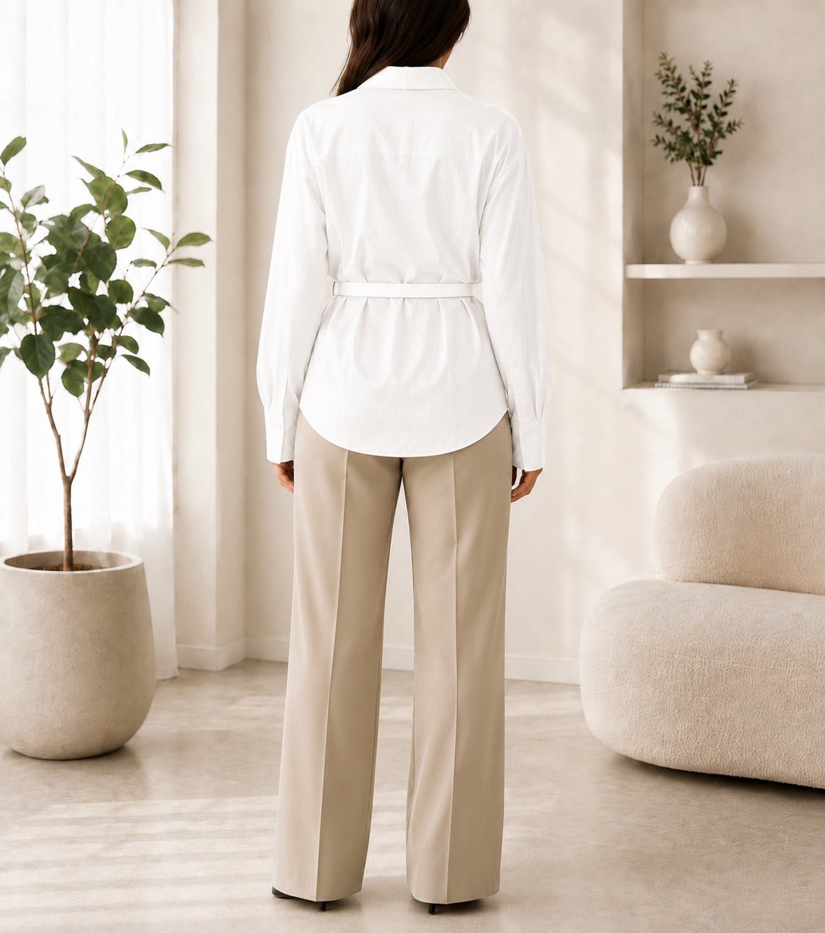 Ladies New Feeling Satin Belt Blouse -White - StylePhase SA