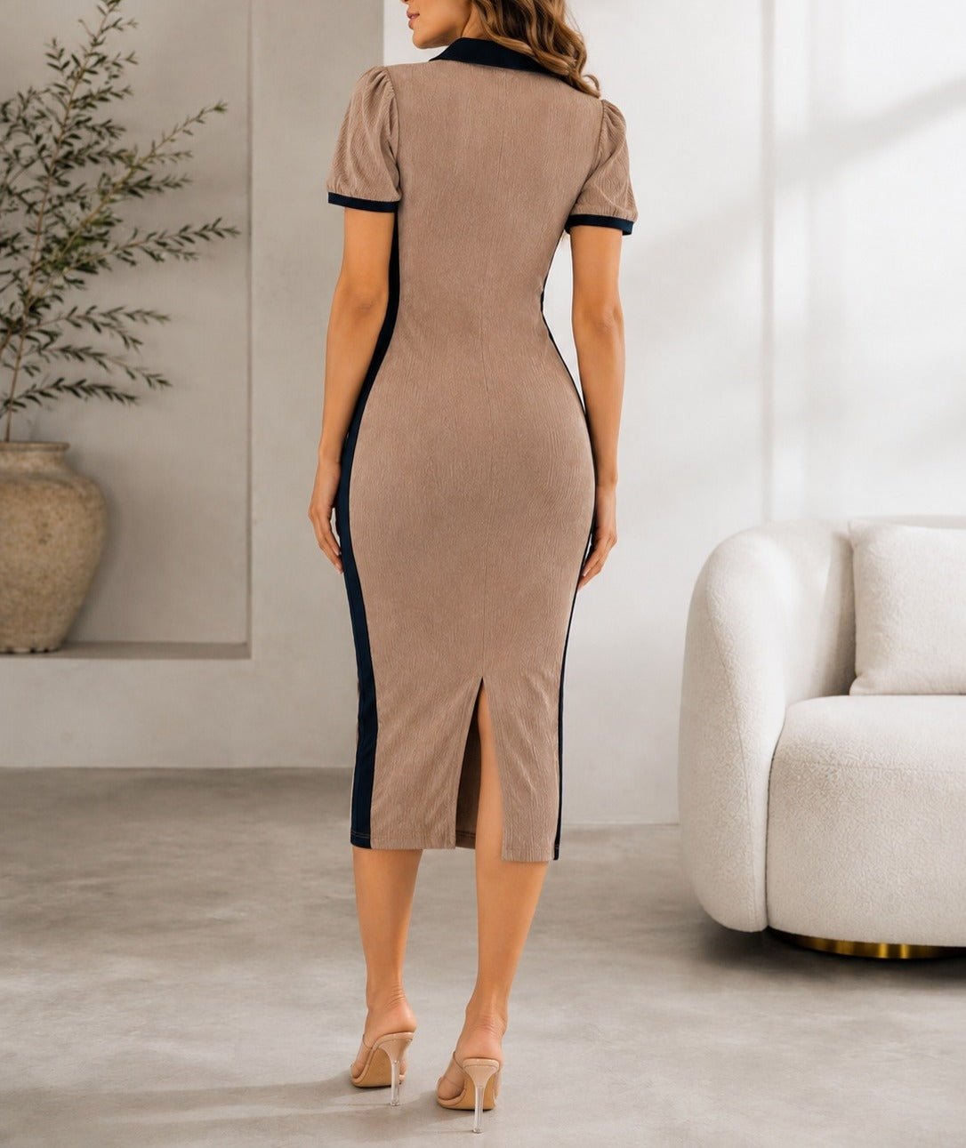 Ladies New Feeling Side Stripe Collar Dress-Brown - StylePhase SA