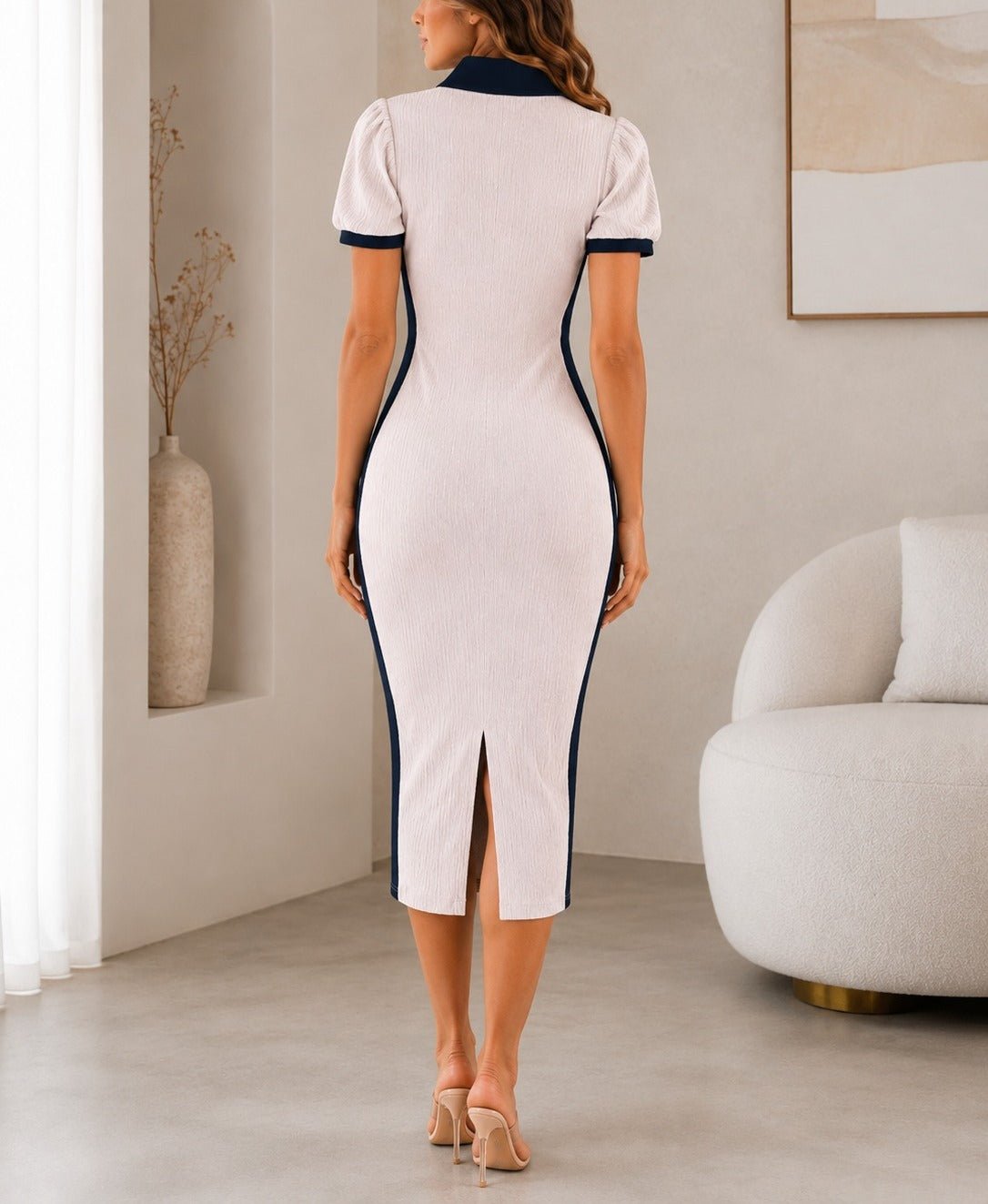 Ladies New Feeling Side Stripe Collar Dress-Cream - StylePhase SA
