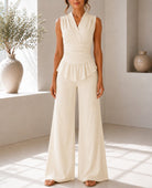 Ladies New Feeling Sleeveless V Neck Two Piece Set- Cream - StylePhase SA