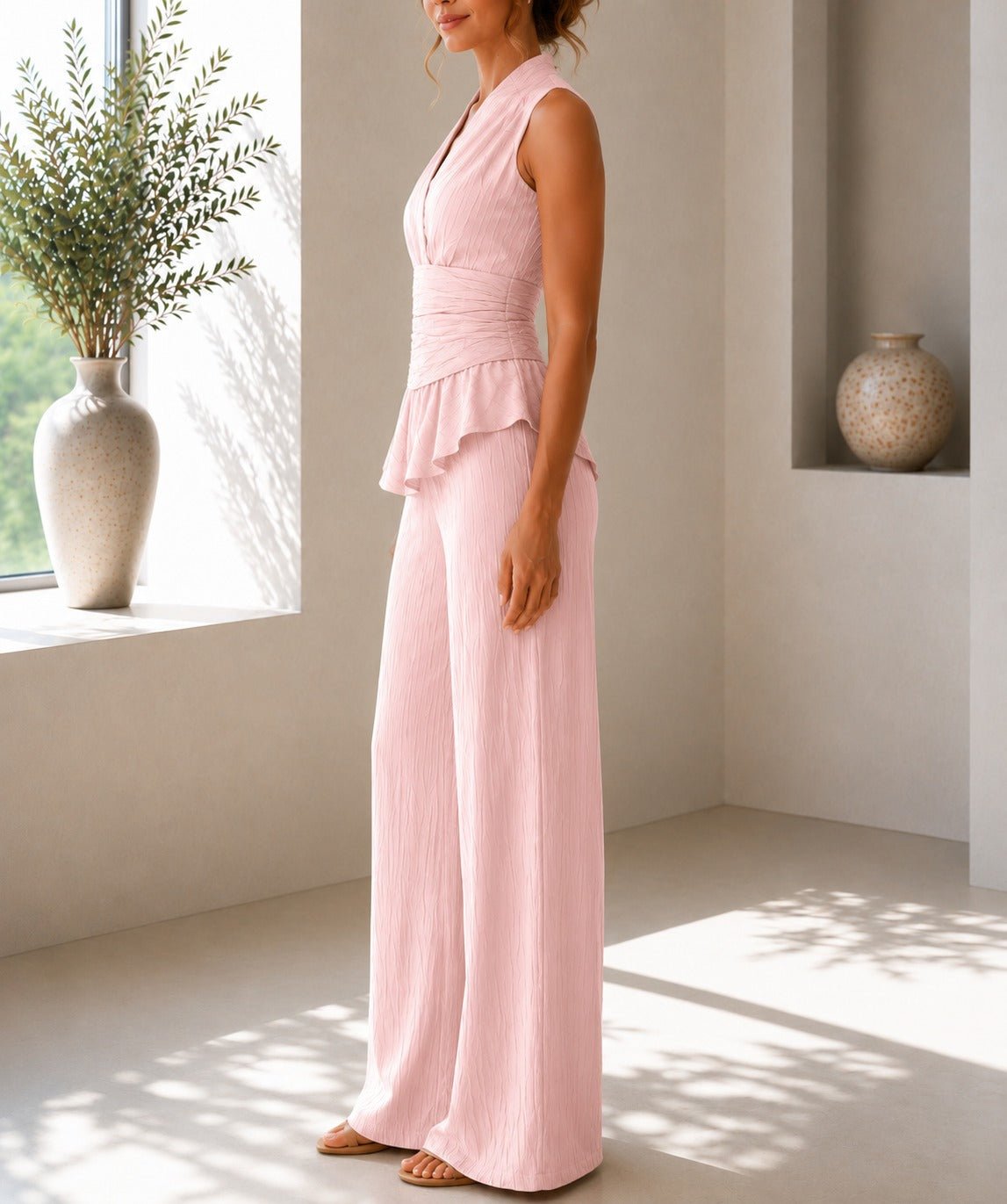 Ladies New Feeling Sleeveless V Neck Two Piece Set-Pink - StylePhase SA