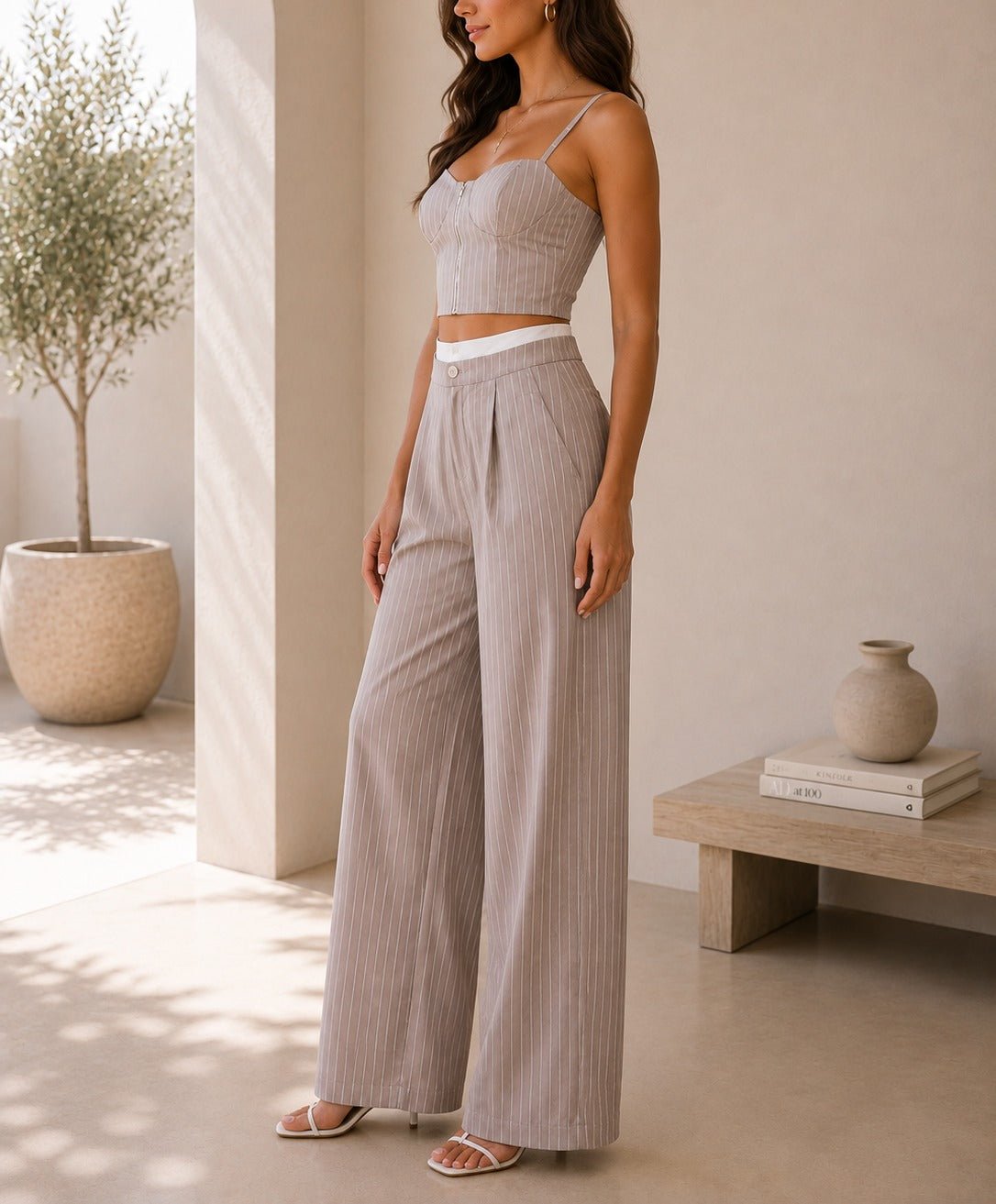 Ladies New Feeling Stone Pinstriped Two Piece Set - StylePhase SA