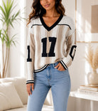 Ladies New Feeling V Neck Cream Stripe Sweater - StylePhase SA
