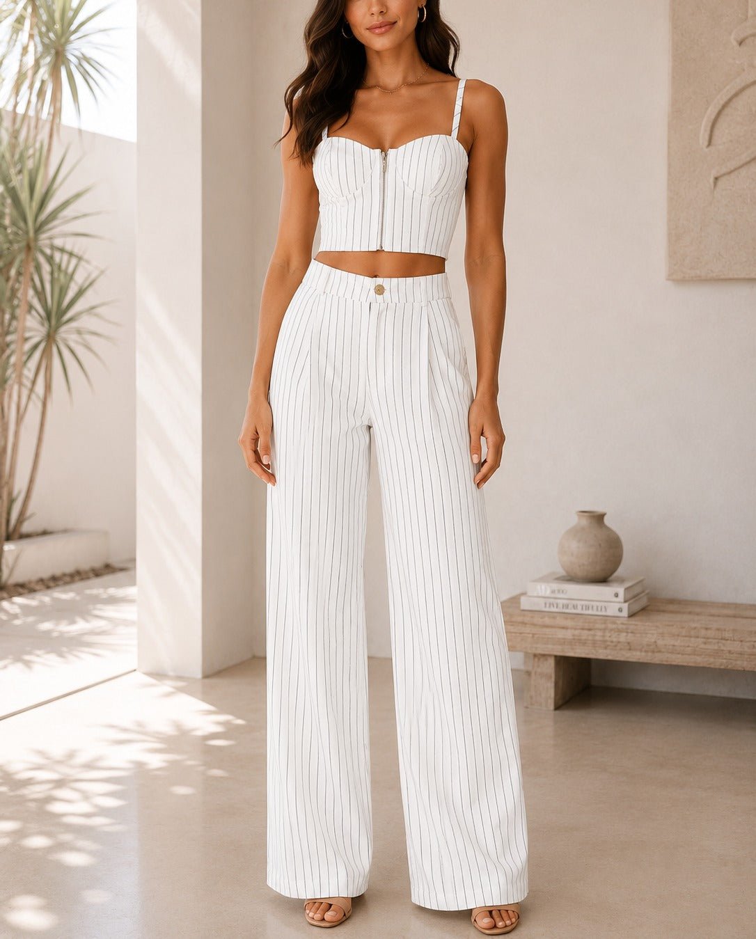 Ladies New Feeling White Pinstriped Two Piece Set - StylePhase SA
