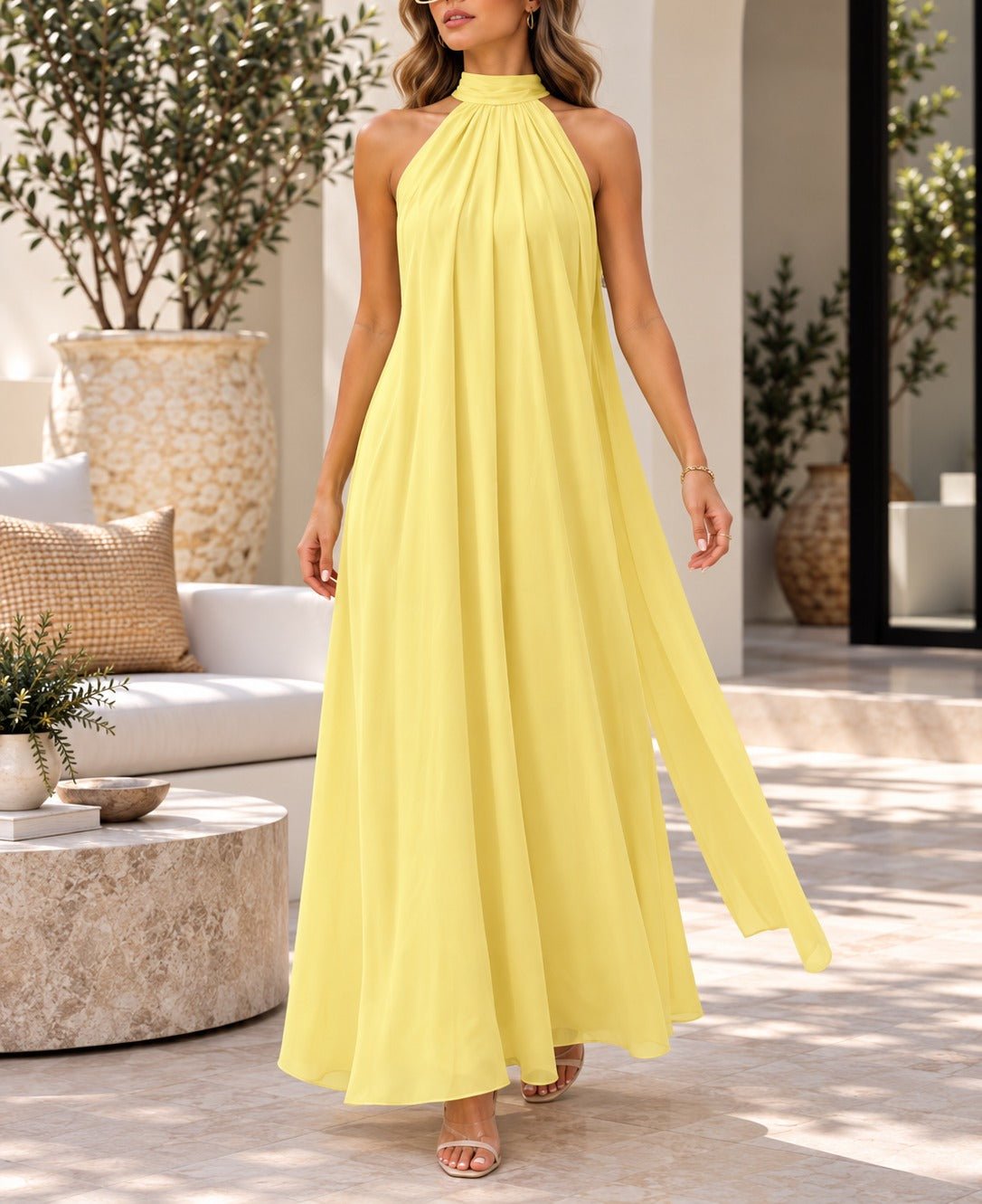 Ladies New Feeling Yellow High Neckline Draped Maxi Dress - StylePhase SA