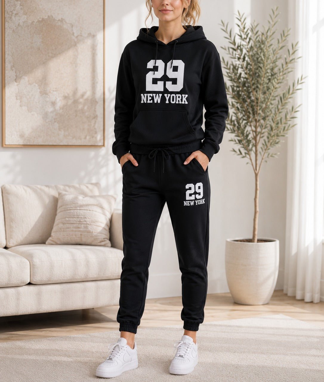 Ladies New York Printed Fleece Tracksuit Set - Black - StylePhase SA