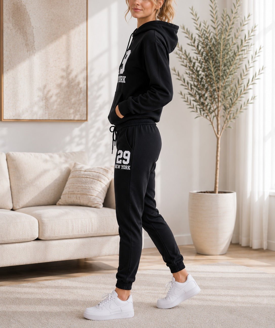 Ladies New York Printed Fleece Tracksuit Set - Black - StylePhase SA