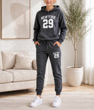 Ladies New York Printed Fleece Tracksuit Set - Charcoal - StylePhase SA