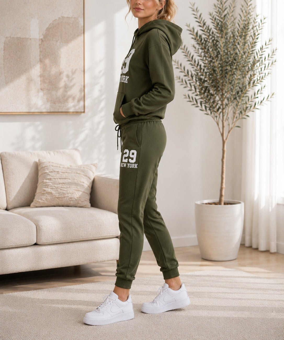 Ladies New York Printed Fleece Tracksuit Set - Olive - StylePhase SA