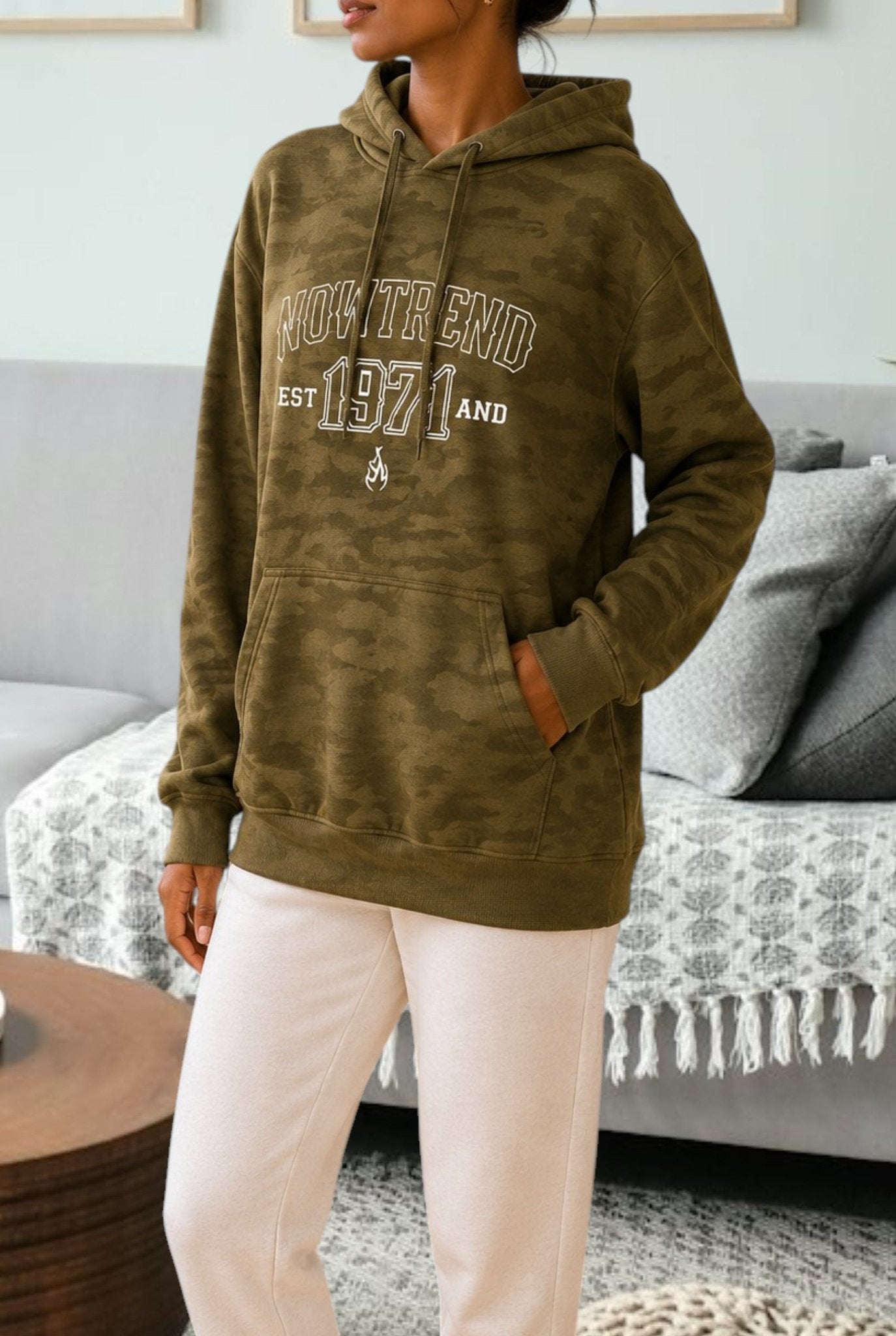 Ladies Now Trend Printed Hoody Top - Olive Shaded - StylePhase SA