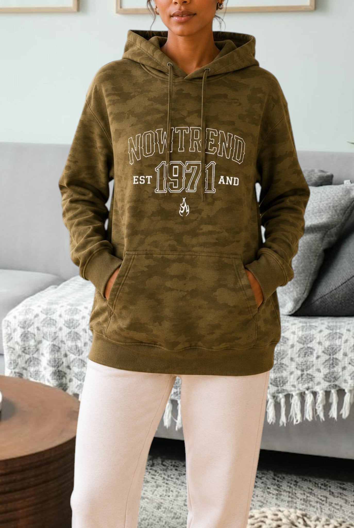 Ladies Now Trend Printed Hoody Top - Olive Shaded - StylePhase SA