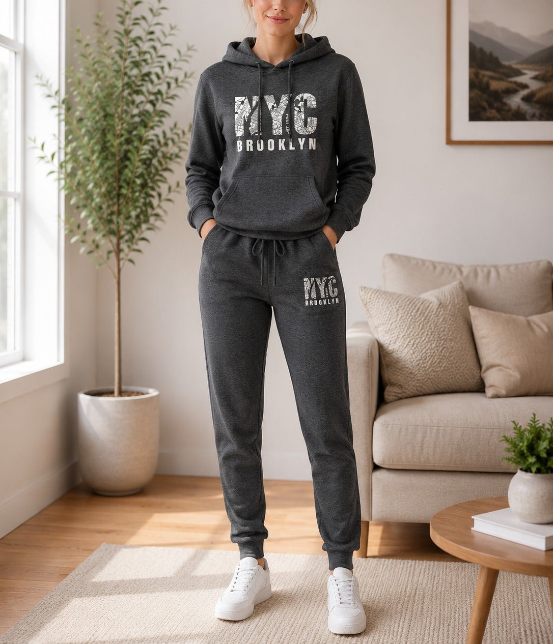 Ladies NYC Printed Fleece Tracksuit Set - Charcoal - StylePhase SA
