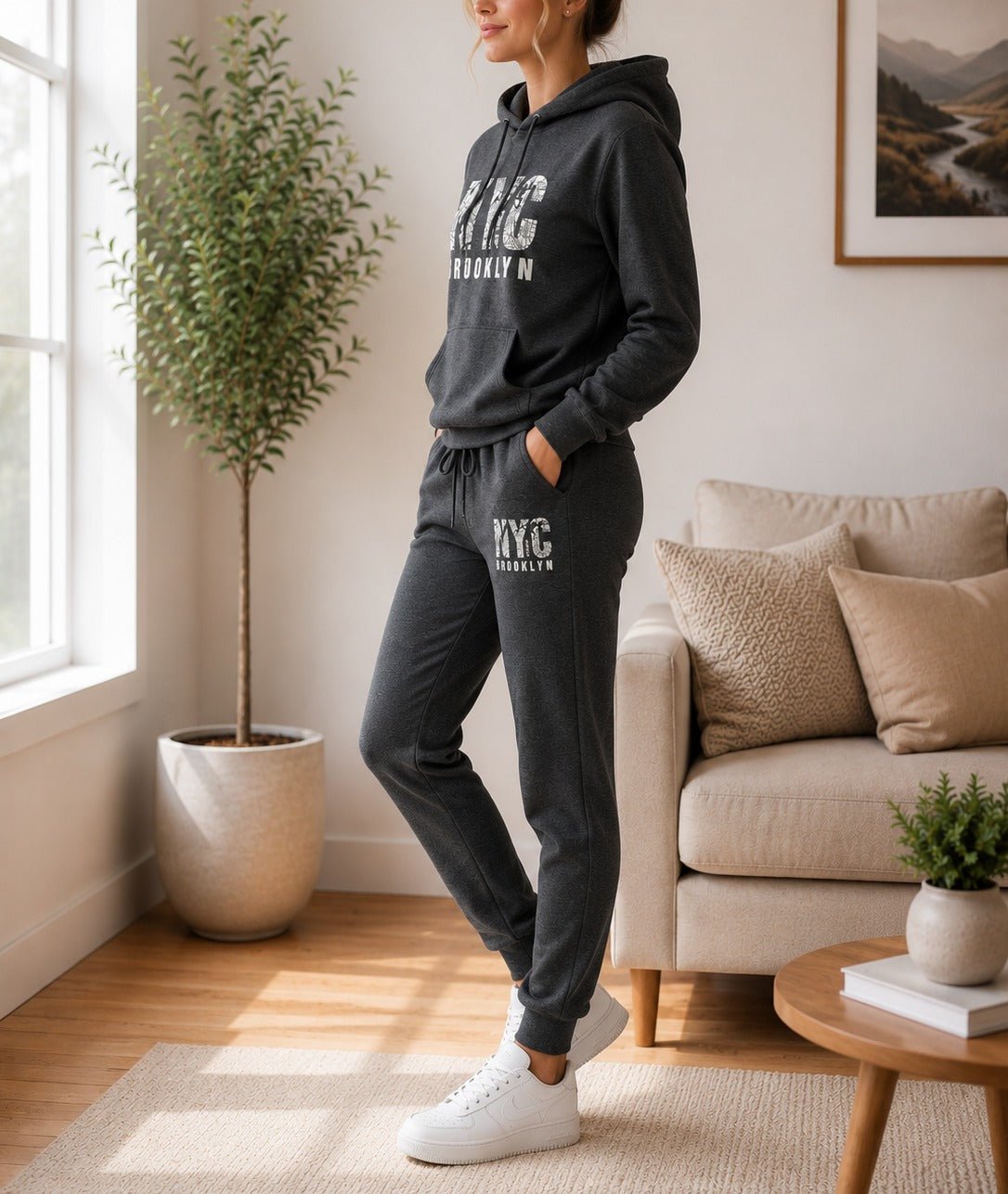 Ladies NYC Printed Fleece Tracksuit Set - Charcoal - StylePhase SA