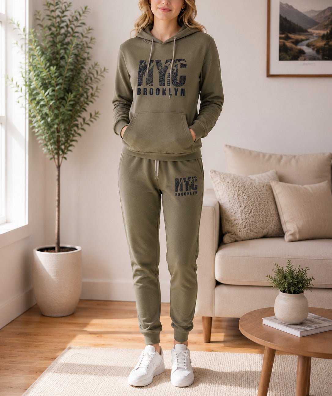 Ladies NYC Printed Fleece Tracksuit Set - Khaki - StylePhase SA