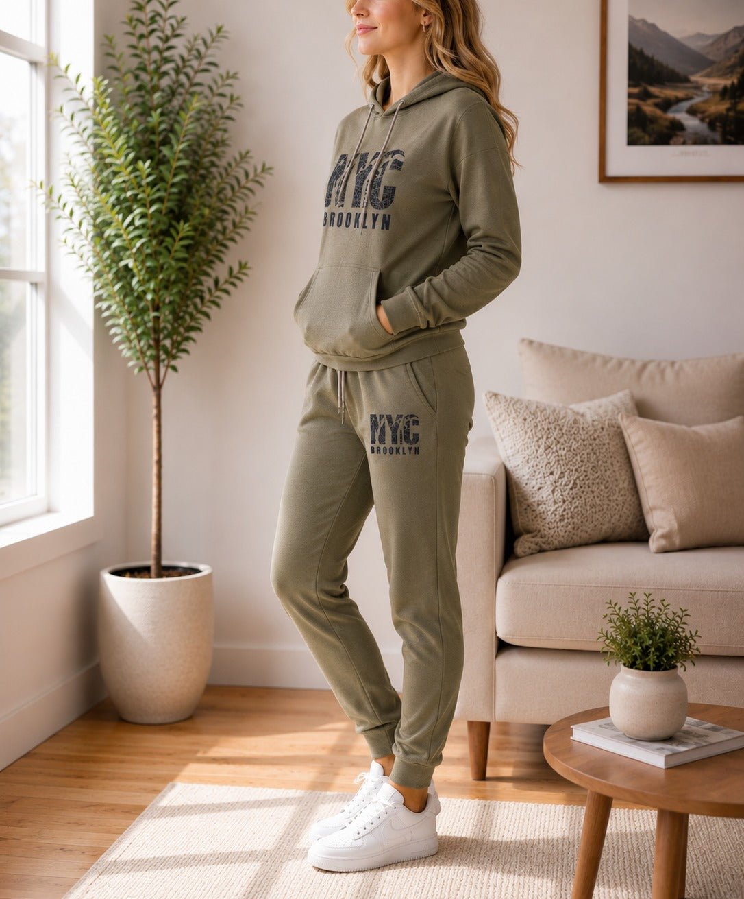 Ladies NYC Printed Fleece Tracksuit Set - Khaki - StylePhase SA