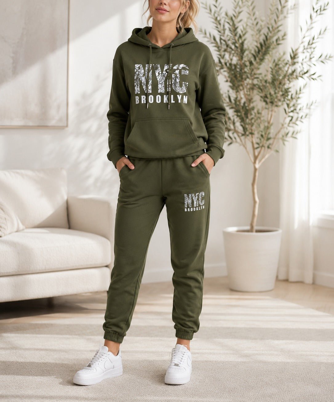 Ladies NYC Printed Fleece Tracksuit Set - Olive - StylePhase SA