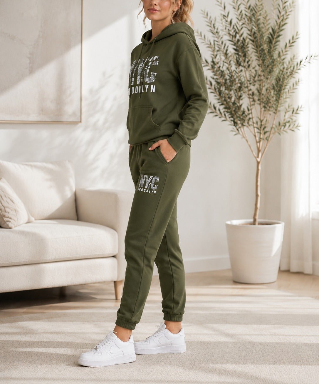 Ladies NYC Printed Fleece Tracksuit Set - Olive - StylePhase SA