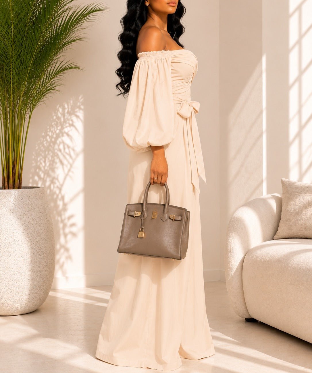 Ladies Off Shoulder Balloon Sleeve 2 piece Set-Cream - StylePhase SA