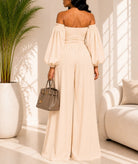 Ladies Off Shoulder Balloon Sleeve 2 piece Set-Cream - StylePhase SA