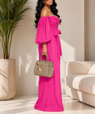 Ladies Off Shoulder Balloon Sleeve 2 piece Set-Hot Pink - StylePhase SA