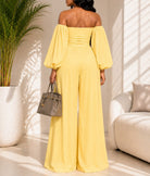 Ladies Off Shoulder Balloon Sleeve 2 piece Set-Yellow - StylePhase SA