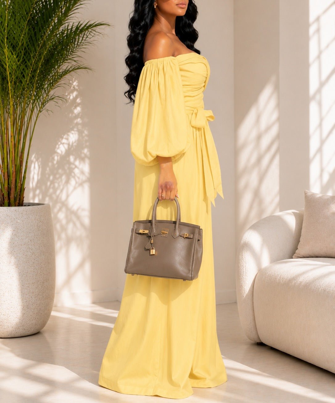 Ladies Off Shoulder Balloon Sleeve 2 piece Set-Yellow - StylePhase SA