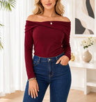 Ladies Off Shoulder Twist Detail New Feeling Top-Maroon - StylePhase SA