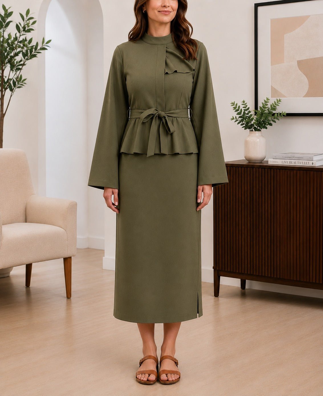 Ladies Olive Belted Peplum Midi Dress - StylePhase SA