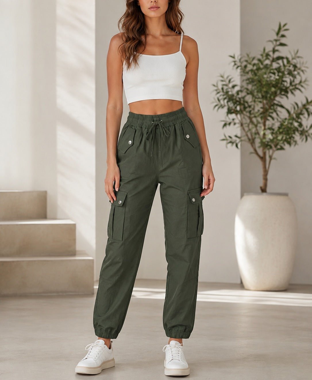 Ladies Olive Button Detail Cargo Pants - StylePhase SA