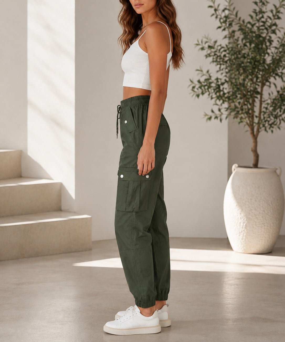 Ladies Olive Button Detail Cargo Pants - StylePhase SA