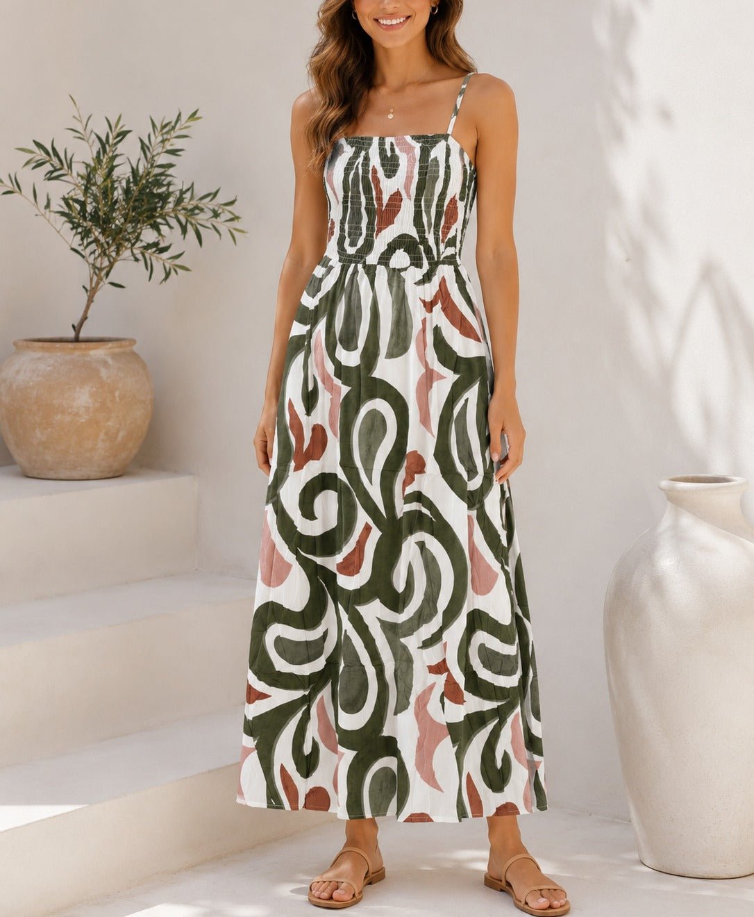 Ladies Olive Cami Swirl Pattern Maxi Dress - StylePhase SA
