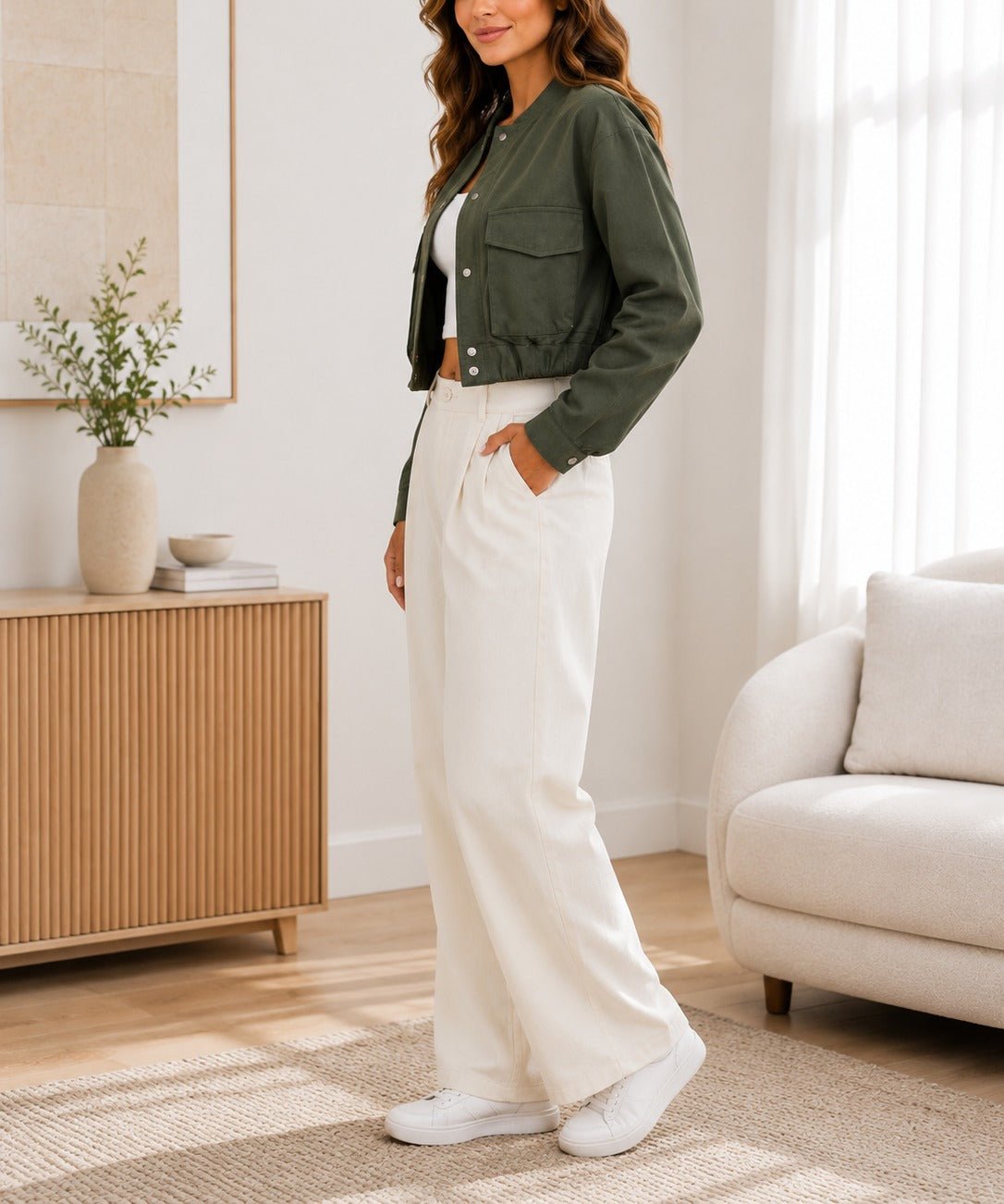 Ladies Olive Crop Pocket Jacket - StylePhase SA