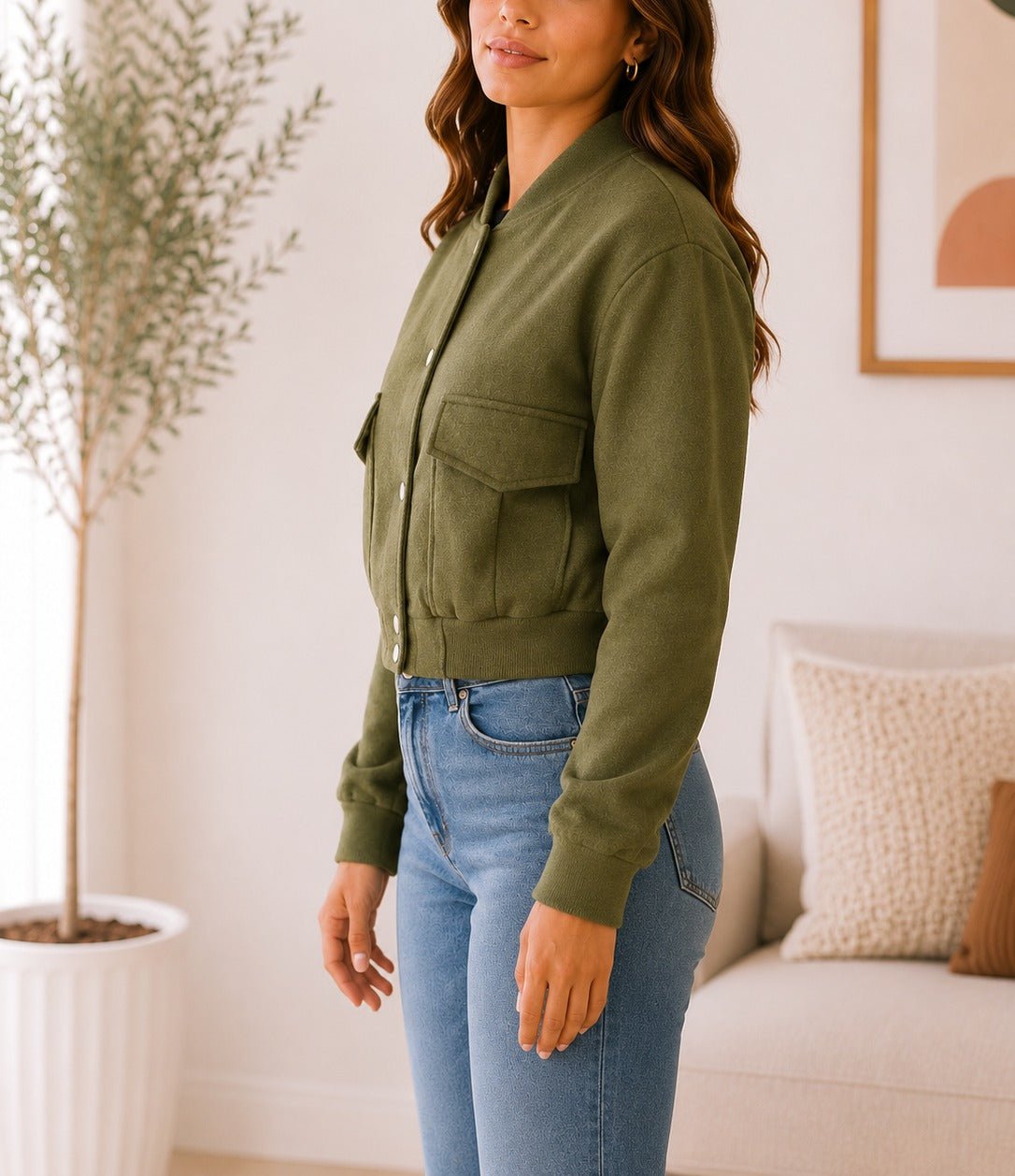 Ladies Olive Cropped Fleece New Feeling jacket - StylePhase SA