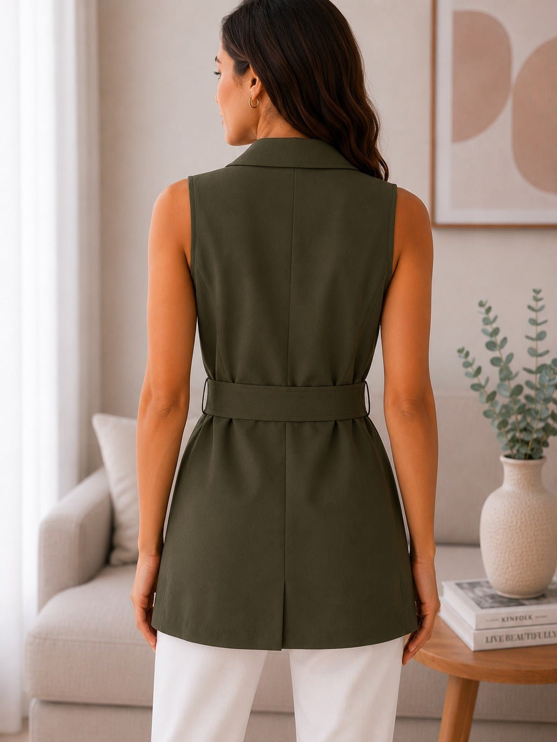 Ladies Olive Double Breasted Belted Longline Waistcoat - StylePhase SA