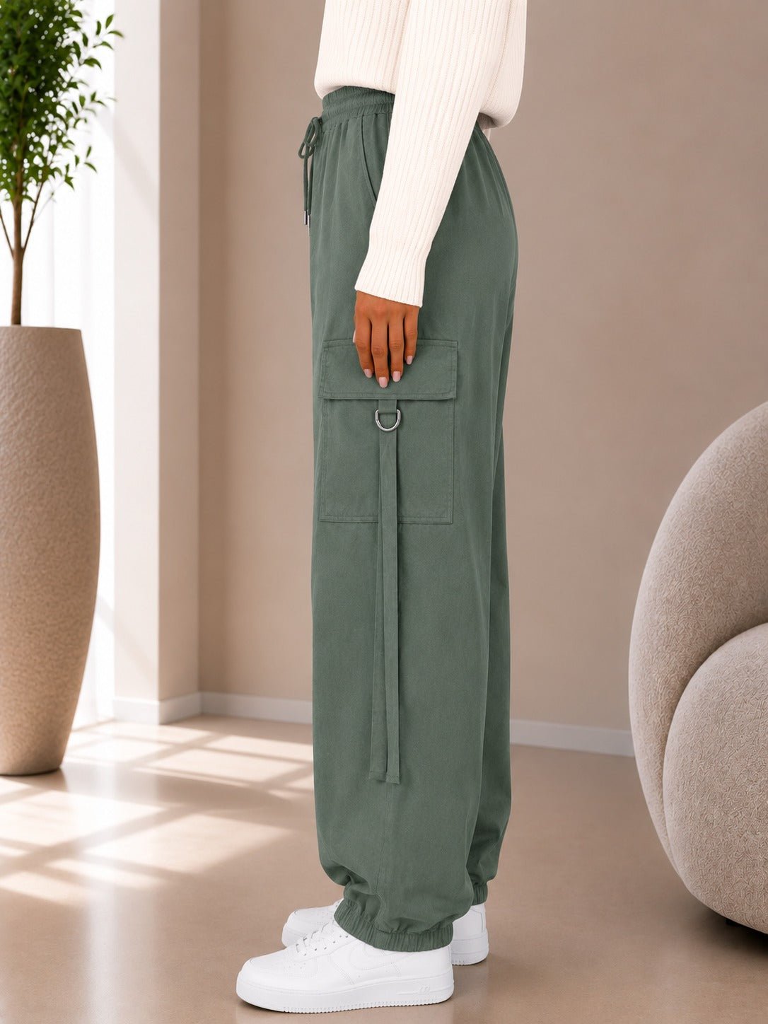 Ladies Olive Drawstring Cargo Pants - StylePhase SA
