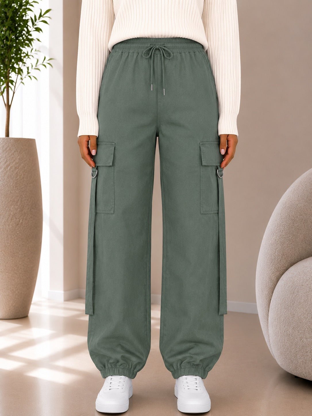 Ladies Olive Drawstring Cargo Pants - StylePhase SA