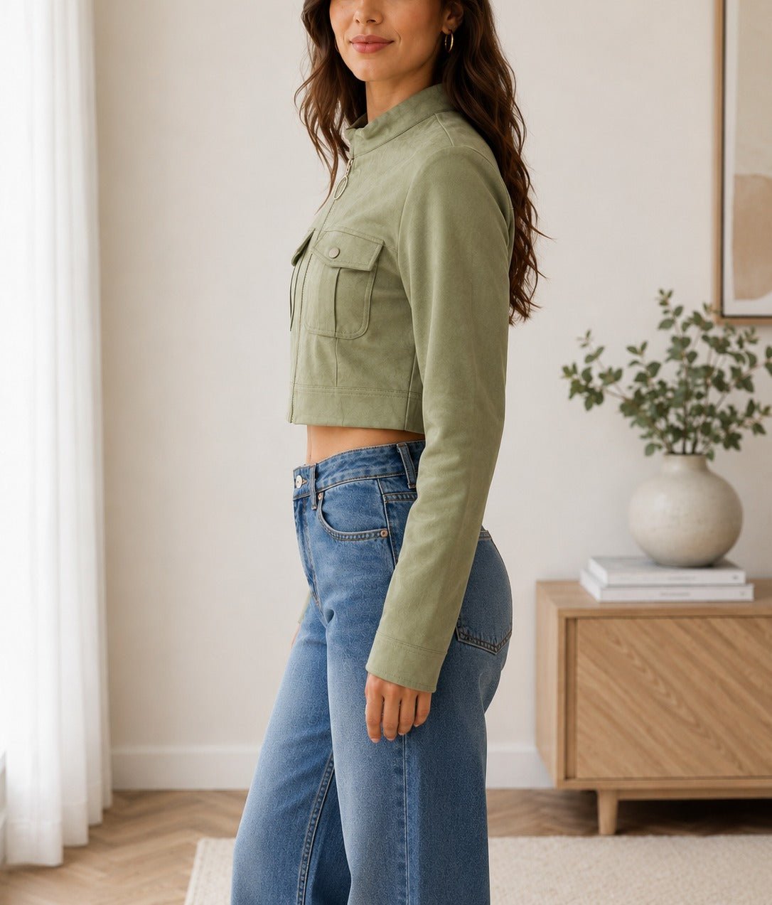 Ladies Olive Faux Suede Cropped Jacket - StylePhase SA
