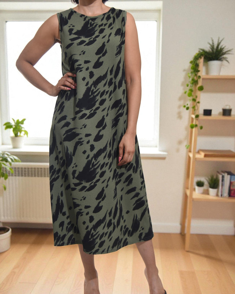 Ladies Olive Floral Crinkle Sleeveless Dress - StylePhase SA