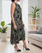 Ladies Olive Floral Crinkle Sleeveless Dress - StylePhase SA