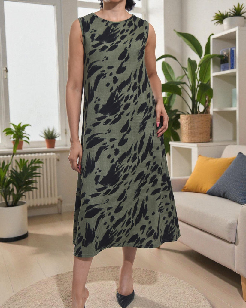 Ladies Olive Floral Crinkle Sleeveless Dress - StylePhase SA