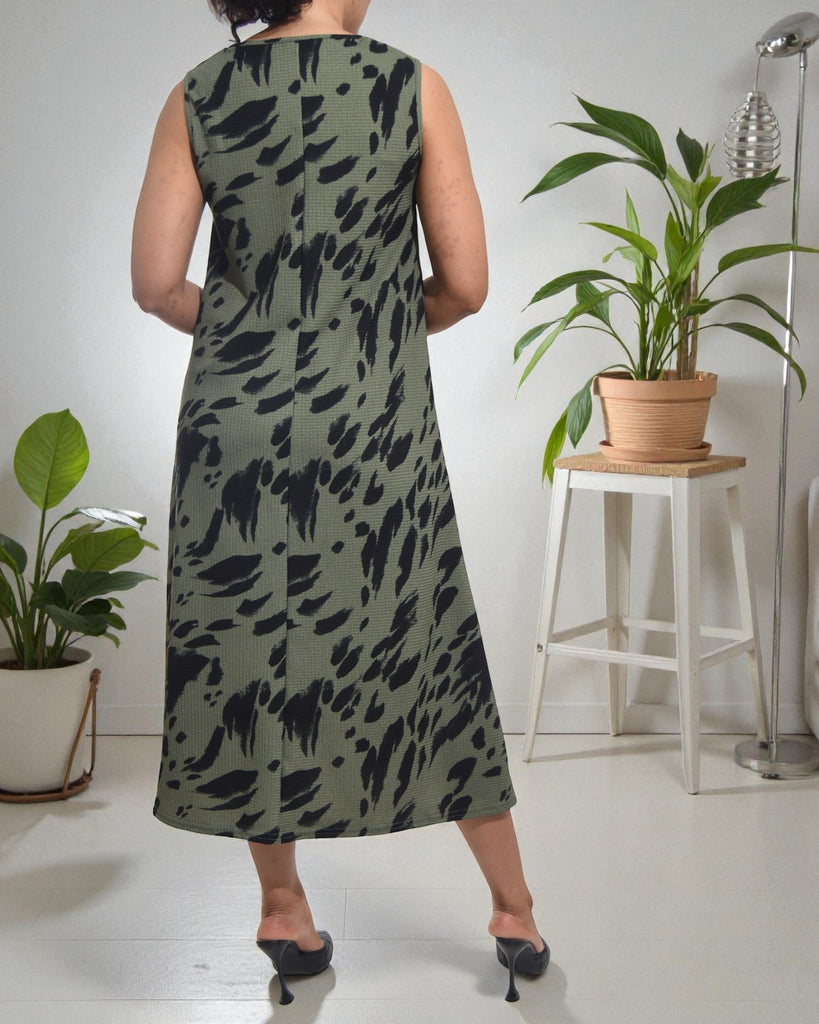 Ladies Olive Floral Crinkle Sleeveless Dress - StylePhase SA