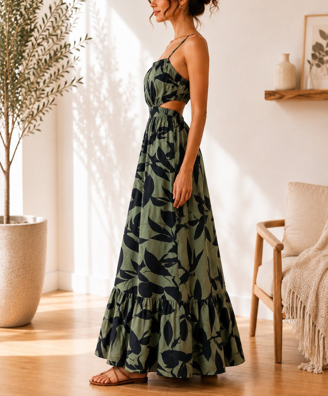 Ladies Olive Floral Cut Out Maxi Dress - StylePhase SA