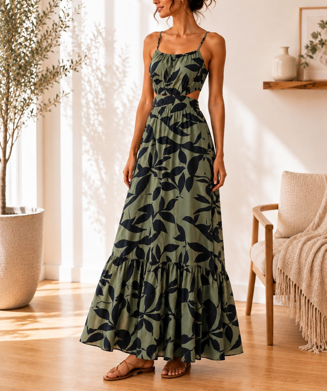 Ladies Olive Floral Cut Out Maxi Dress - StylePhase SA