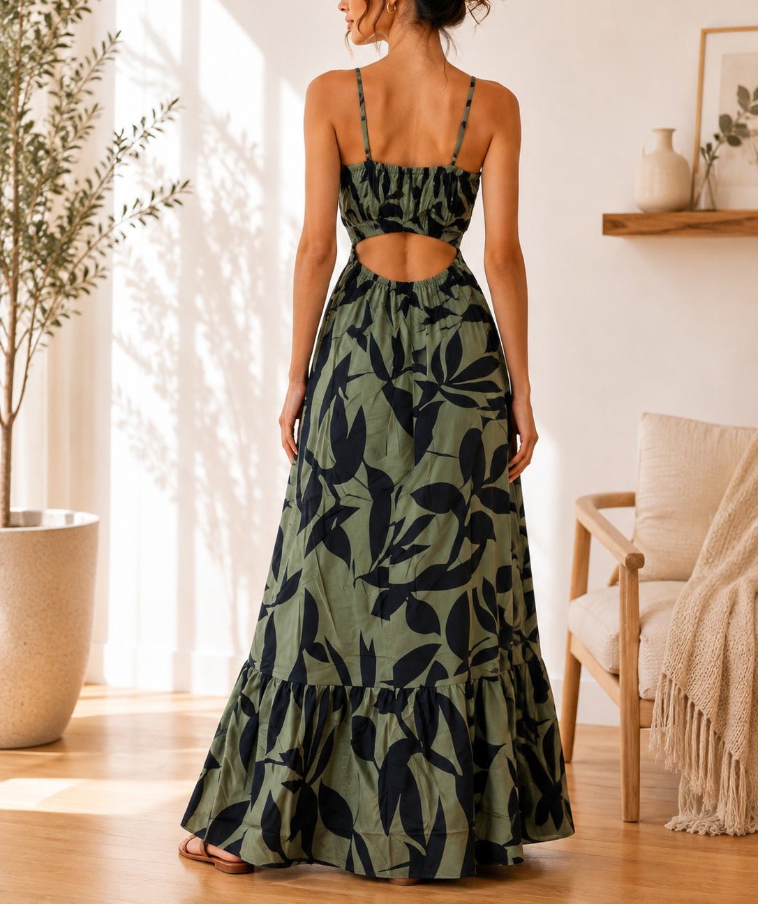 Ladies Olive Floral Cut Out Maxi Dress - StylePhase SA