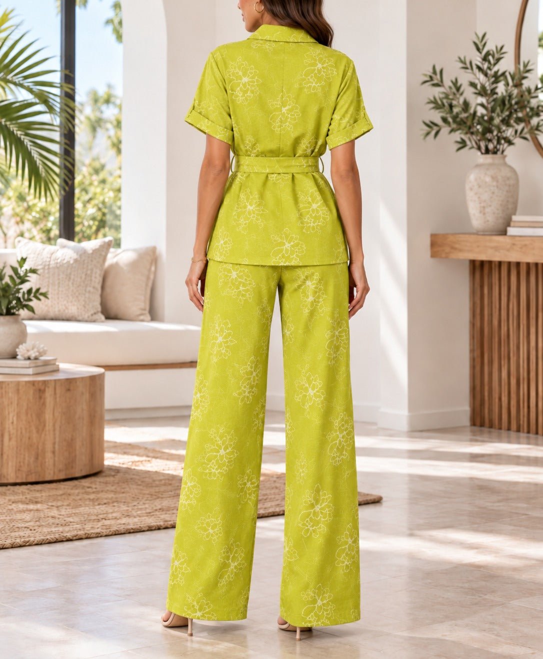 Ladies Olive Floral Print Two-Piece Set - StylePhase SA