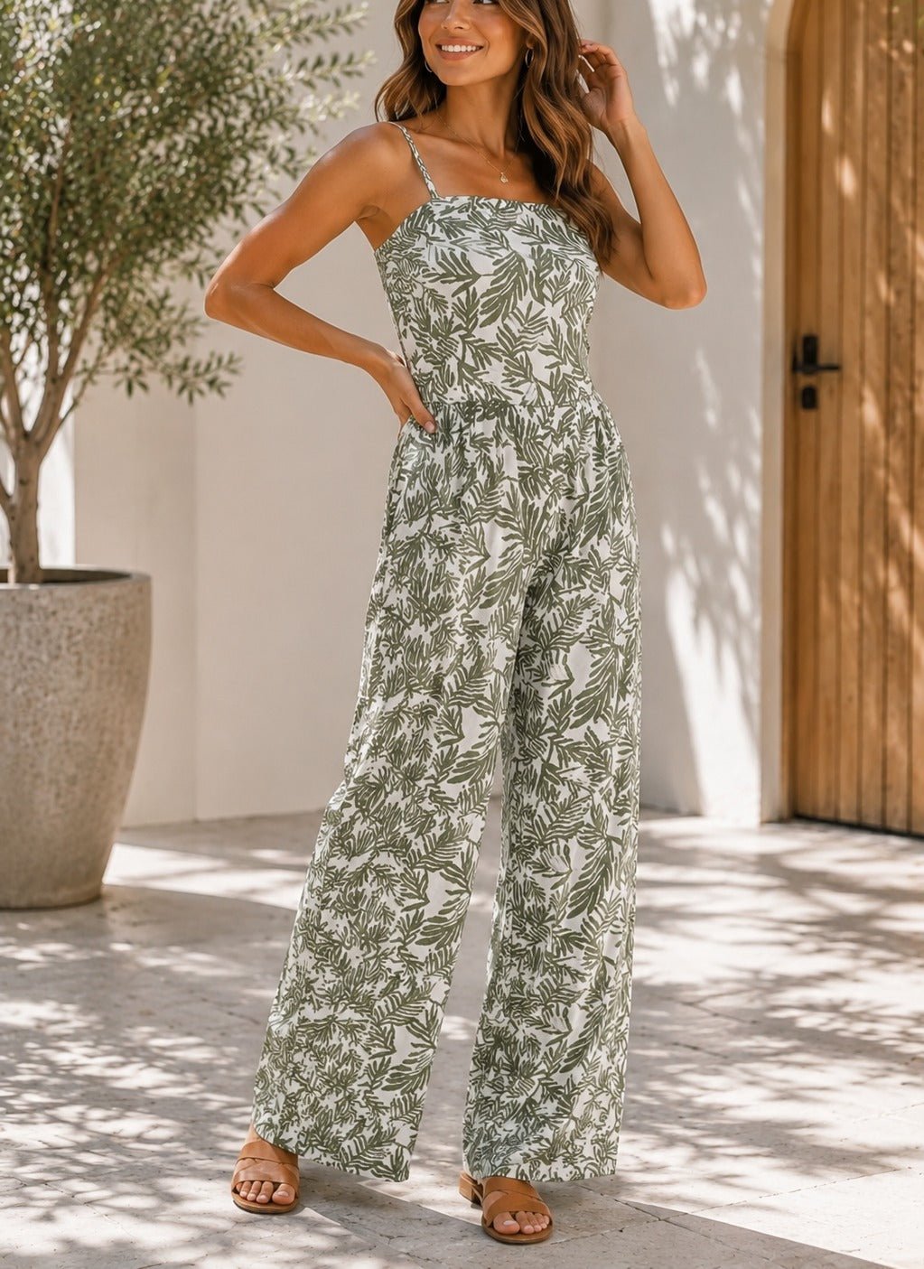 Ladies Olive Floral Strappy Pleated Jumpsuit - StylePhase SA