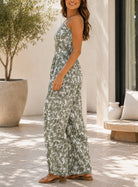 Ladies Olive Floral Strappy Pleated Jumpsuit - StylePhase SA